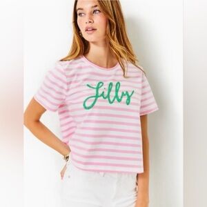 Lilly Pulitzer Keenan Knit Top • Beaded “Lilly” Logo • Pink Stripe • Size S NWT